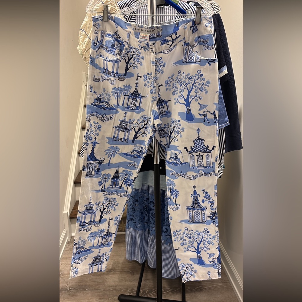 Gretchen Scott Designs Blue and White Pagoda Print Straight Leg Pants